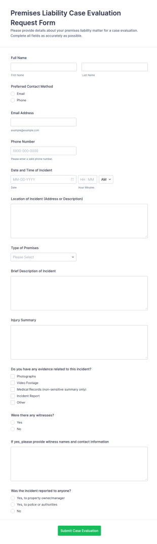 Premises Liability Case Evaluation Request Form Template