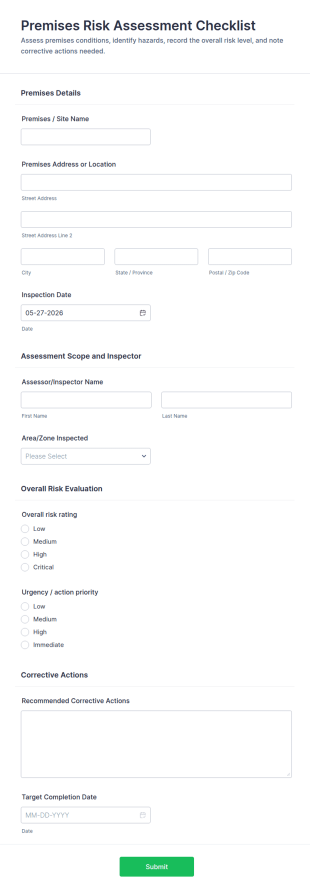 Premises Risk Assessment Checklist Form Template