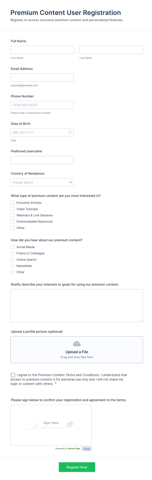 Premium Content User Registration Form Template