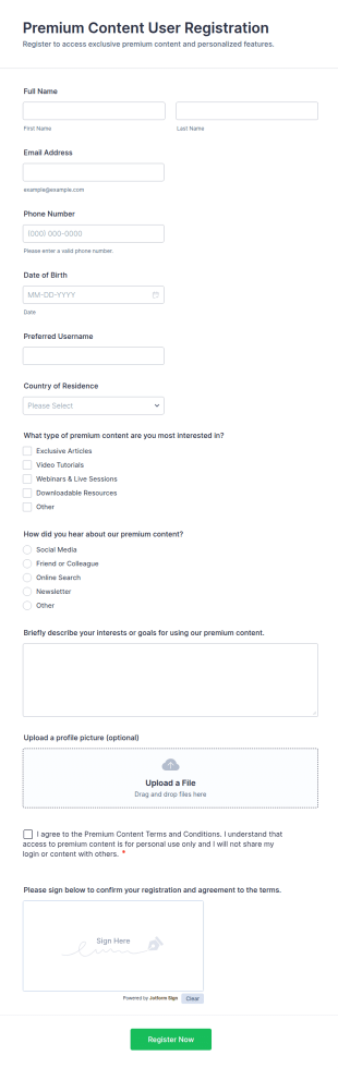 Premium Content User Registration Form Template