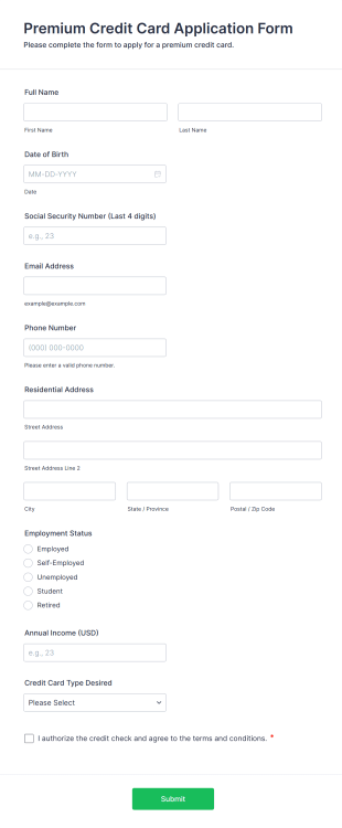 Premium Credit Card Application Form Form Template