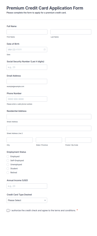 Premium Credit Card Application Form Template
