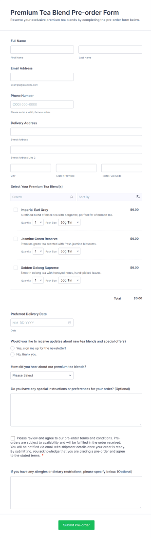 Premium Tea Blend Pre Order Form Template