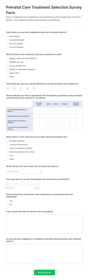 Prenatal Care Treatment Selection Survey Form Template