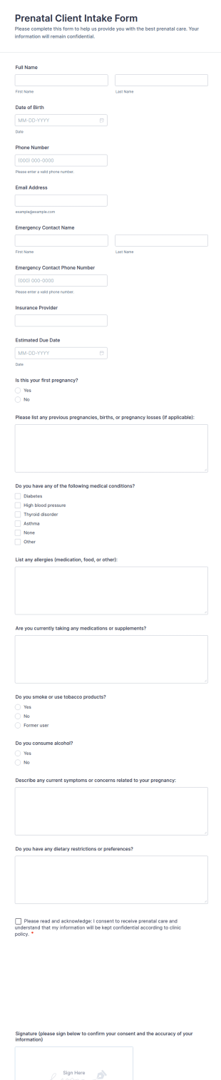 Prenatal Client Intake Form Template
