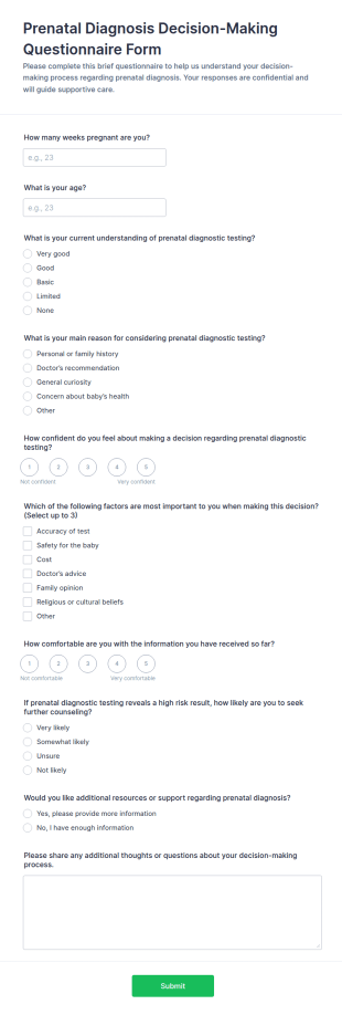 Prenatal Diagnosis Decision Making Questionnaire Form Template