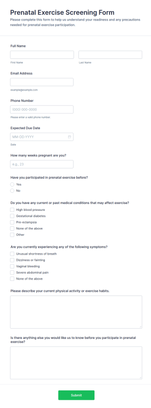 Prenatal Exercise Screening Form Template