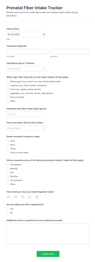 Prenatal Fiber Intake Tracker Form Template