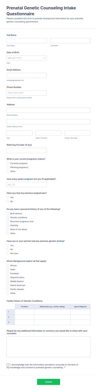 Prenatal Genetic Counseling Intake Questionnaire Form Template