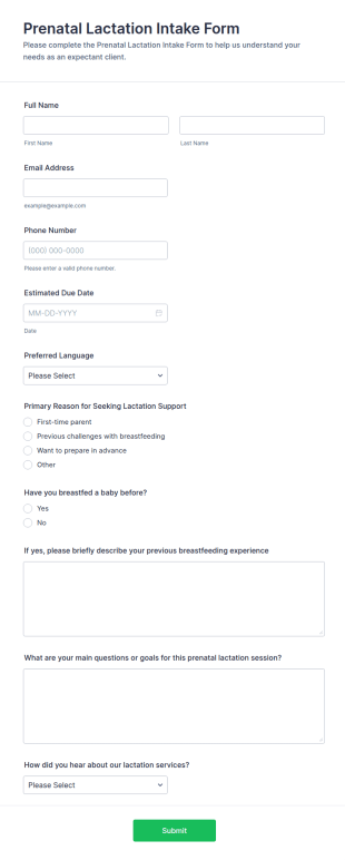 Prenatal Lactation Intake Form Template