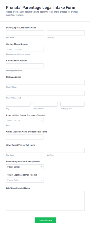 Prenatal Parentage Legal Intake Form Template