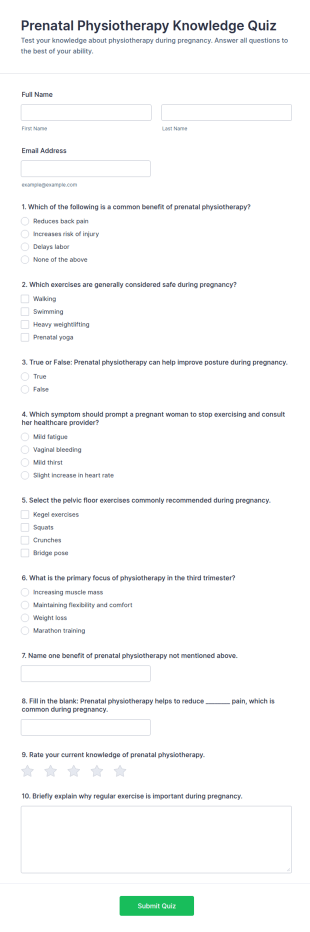 Prenatal Physiotherapy Knowledge Quiz Form Template
