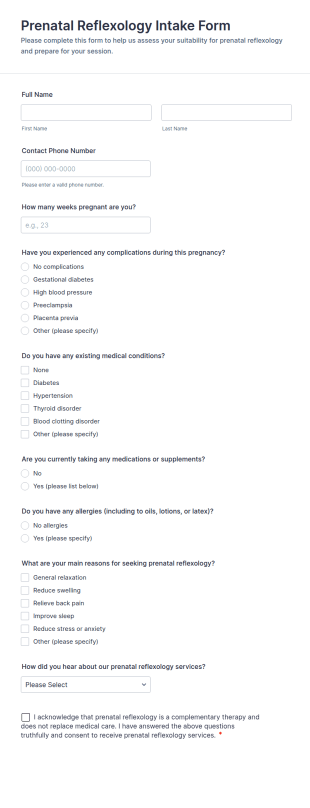 Prenatal Reflexology Intake Form Template