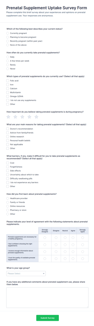 Prenatal Supplement Uptake Survey Form Template