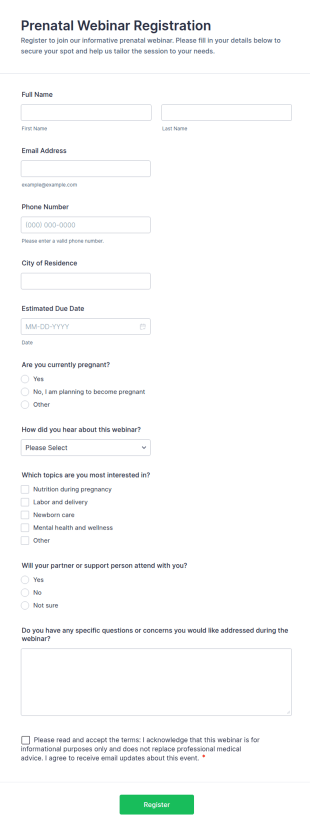 Prenatal Webinar Registration Form Template