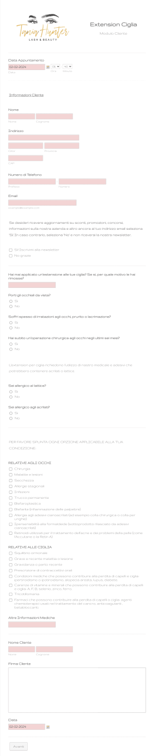 Prenotazione Trattamento Extension Ciglia Form Template