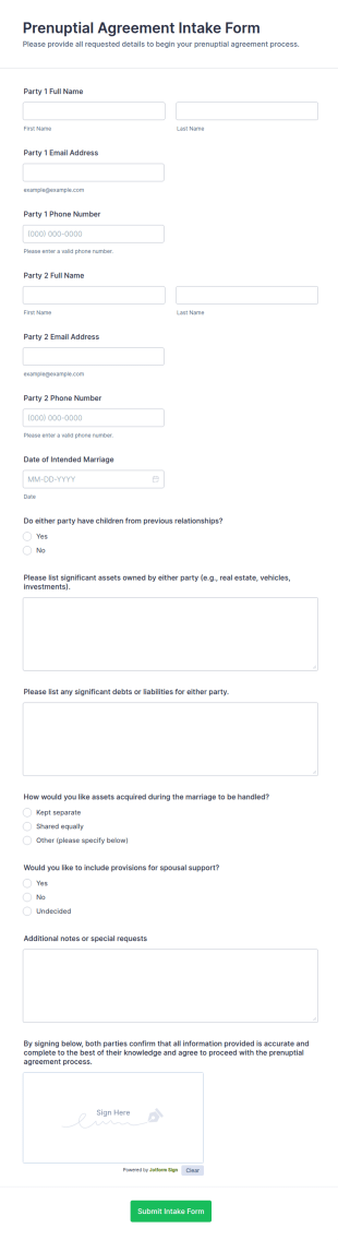 Prenuptial Agreement Intake Form Template