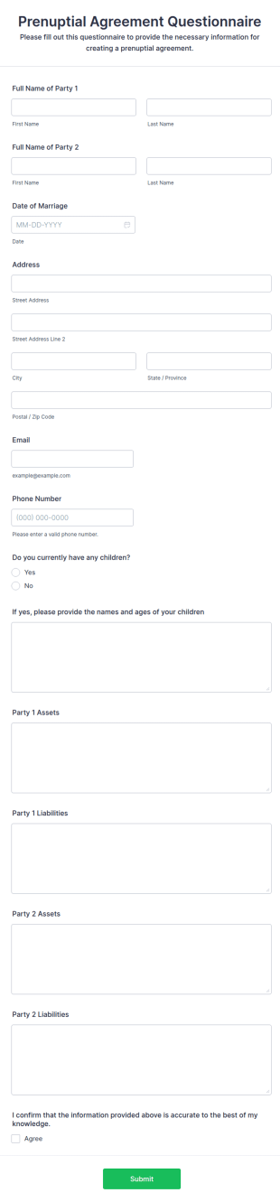 Prenuptial Agreement Questionnaire Form Template