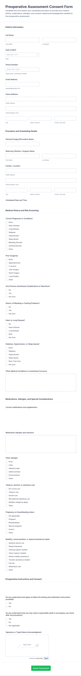 Preoperative Assessment Consent Form Template