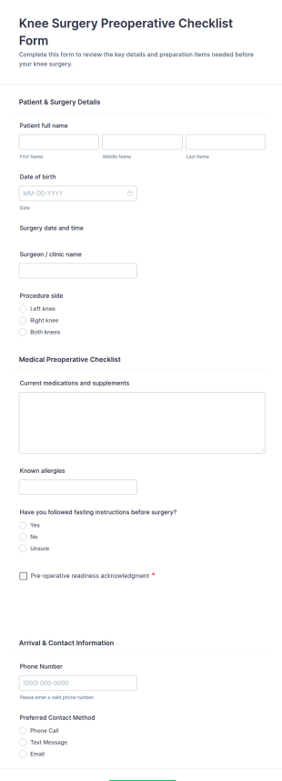 Preoperative Checklist For Knee Surgery Form Template