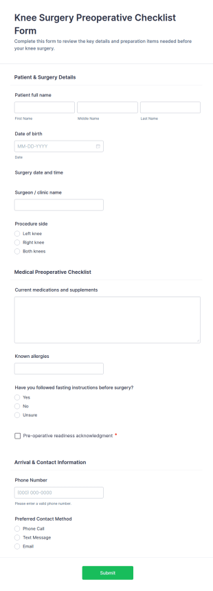 Preoperative Checklist For Knee Surgery Form Template