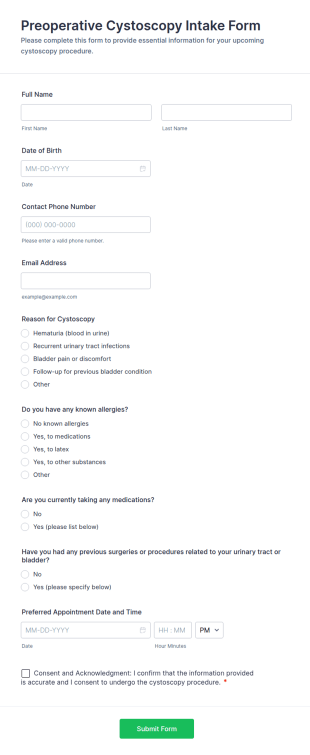 Preoperative Cystoscopy Intake Form Template