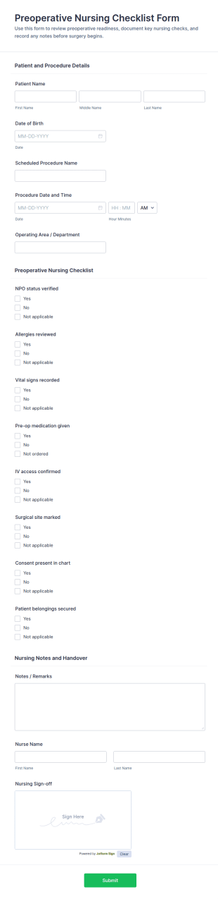 Preoperative Nursing Checklist Form Template