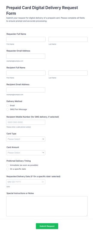 Prepaid Card Digital Delivery Request Form Template