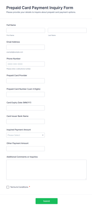 Prepaid Card Payment Inquiry Form Template