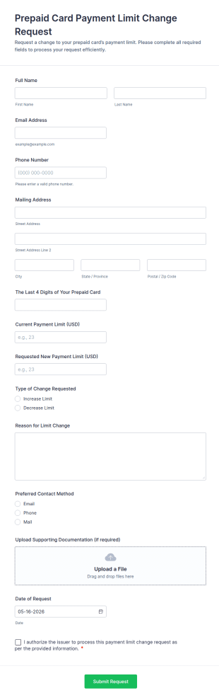 Prepaid Card Payment Limit Change Request Form Template