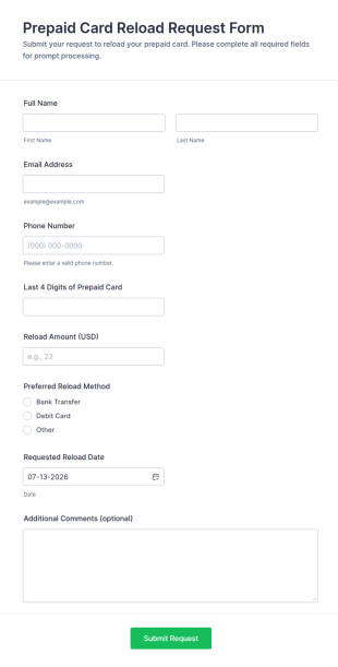 Prepaid Card Reload Request Form Template