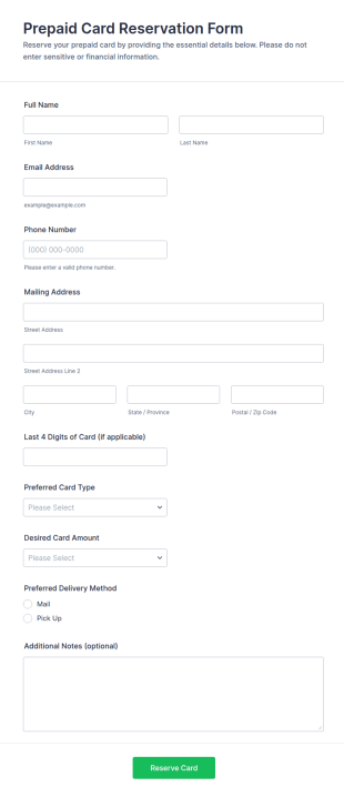 Prepaid Card Reservation Form Template