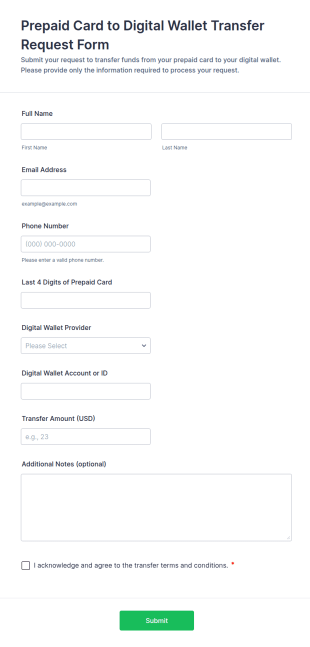 Prepaid Card To Digital Wallet Transfer Request Form Template