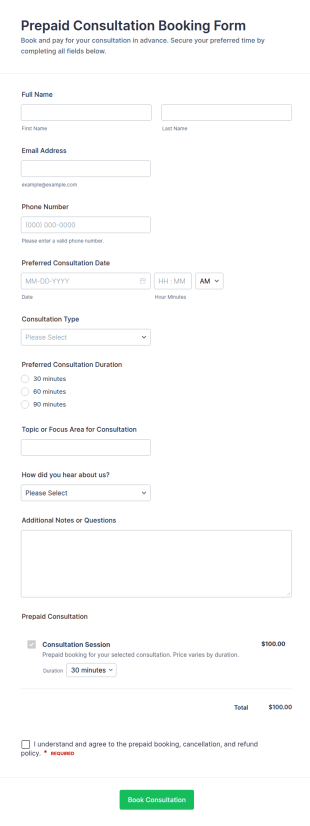 Prepaid Consultation Booking Form Template