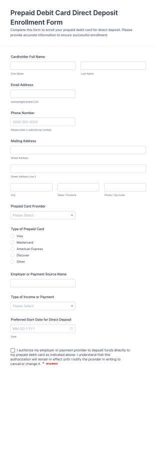 Prepaid Debit Card Direct Deposit Enrollment Form Template