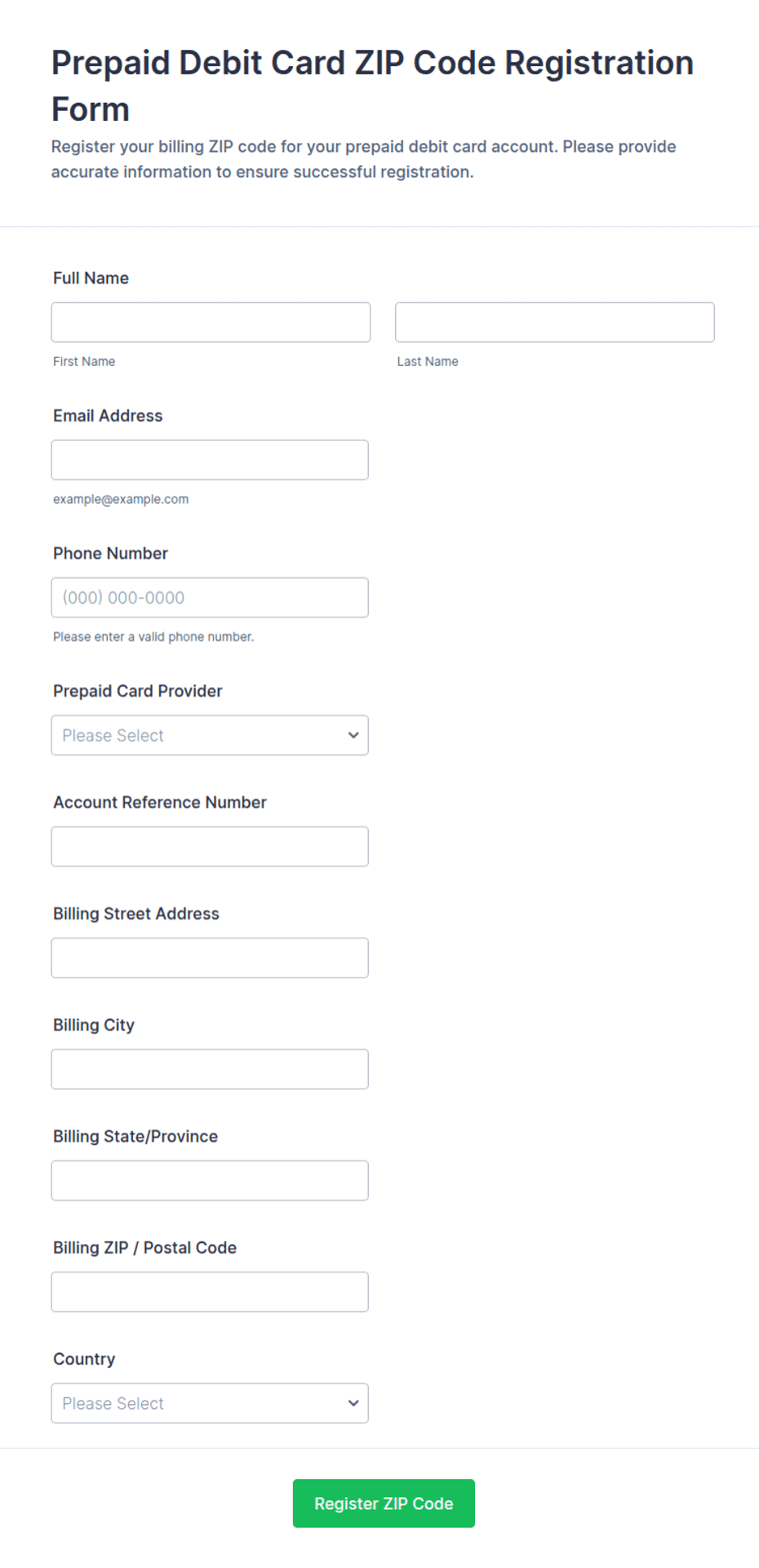 Prepaid Debit Card ZIP Code Registration Form Template | Jotform