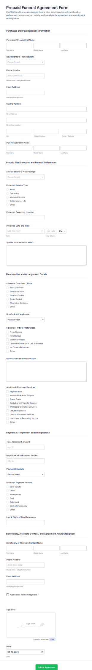 Prepaid Funeral Agreement Form Template