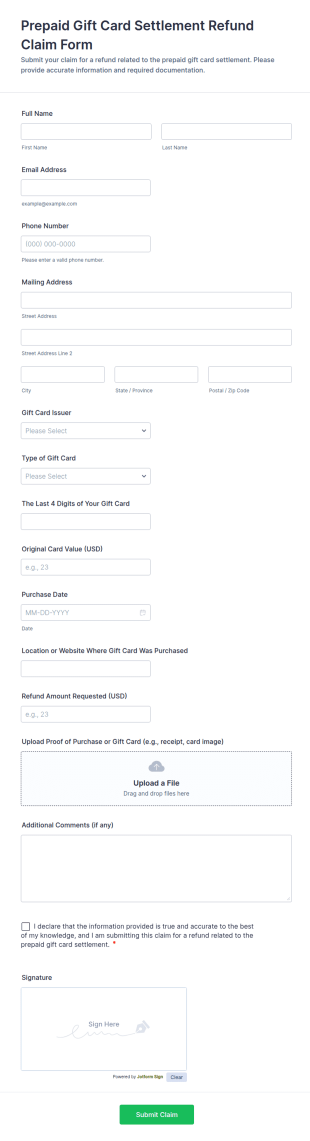Prepaid Gift Card Settlement Refund Claim Form Template