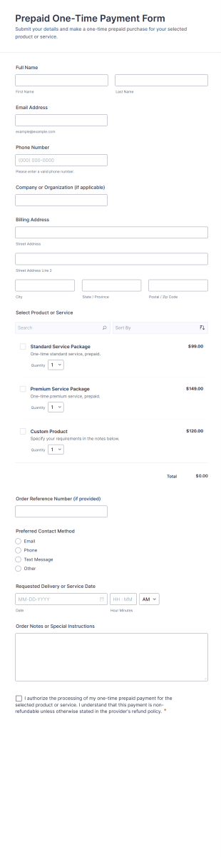 Prepaid One Time Payment Form Template