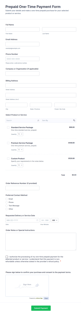 Prepaid One Time Payment Form Template
