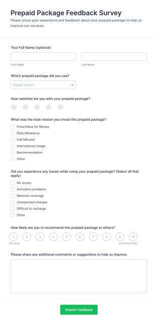 Prepaid Package Feedback Survey Form Template