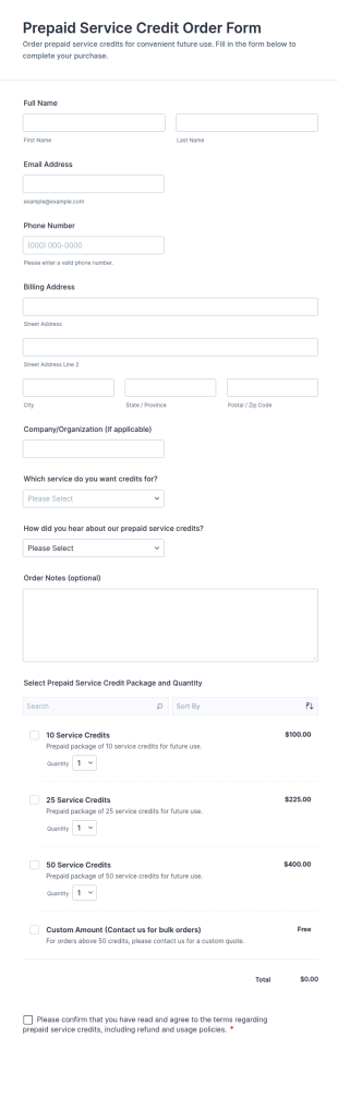 Prepaid Service Credit Order Form Template