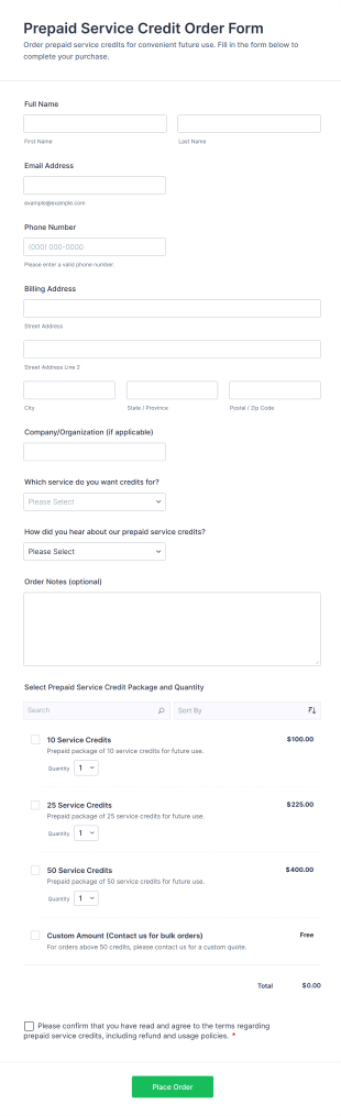 Prepaid Service Credit Order Form Template