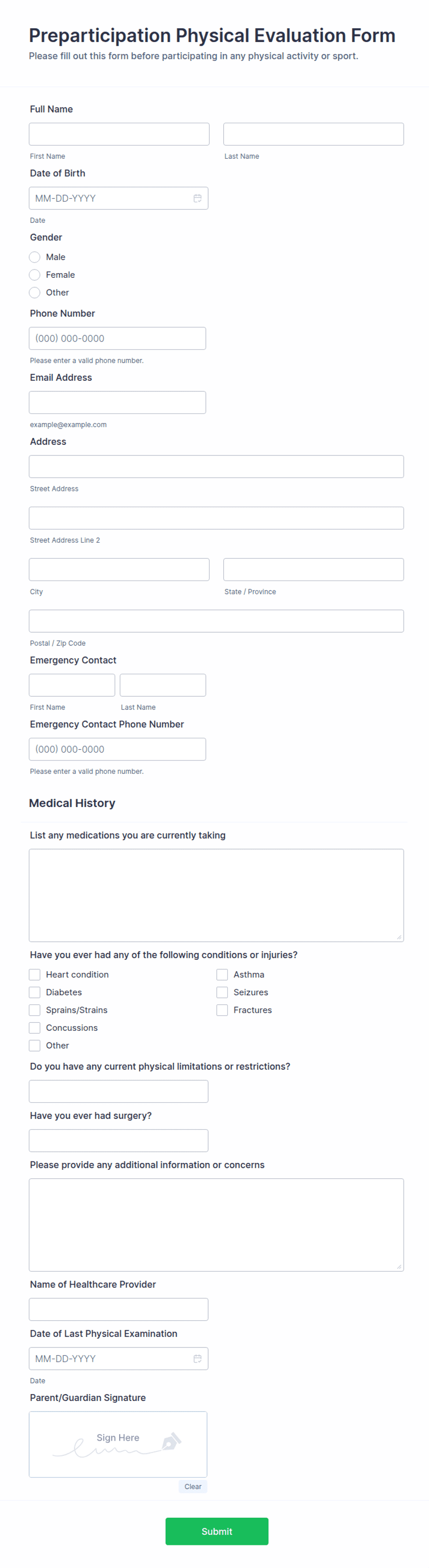 Preparticipation Physical Evaluation Form Template Jotform