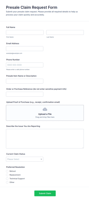 Presale Claim Request Form Template