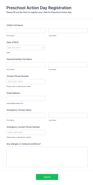 Preschool Action Day Registration Form Template