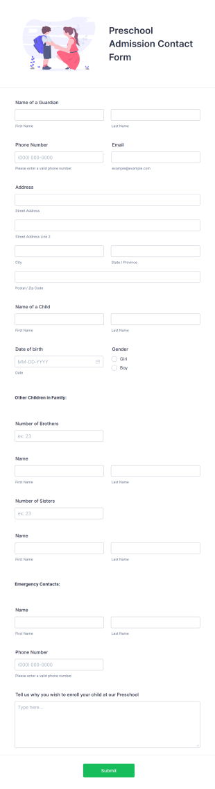 Preschool Admission Contact Form Template
