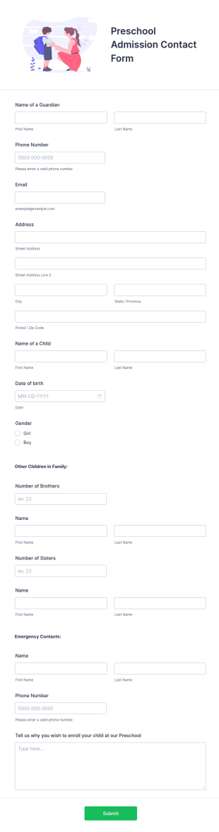 Preschool Admission Contact Form Template