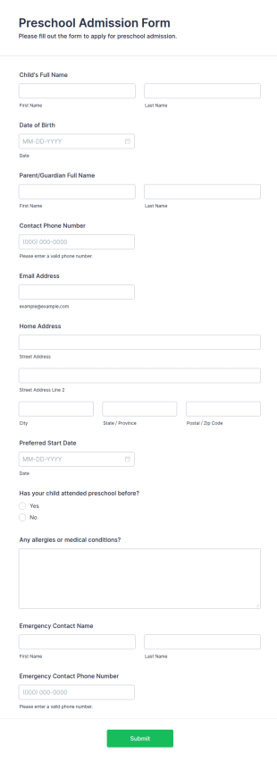 Preschool Admission Form Template