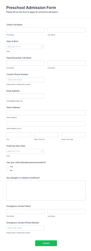 Preschool Admission Form Template